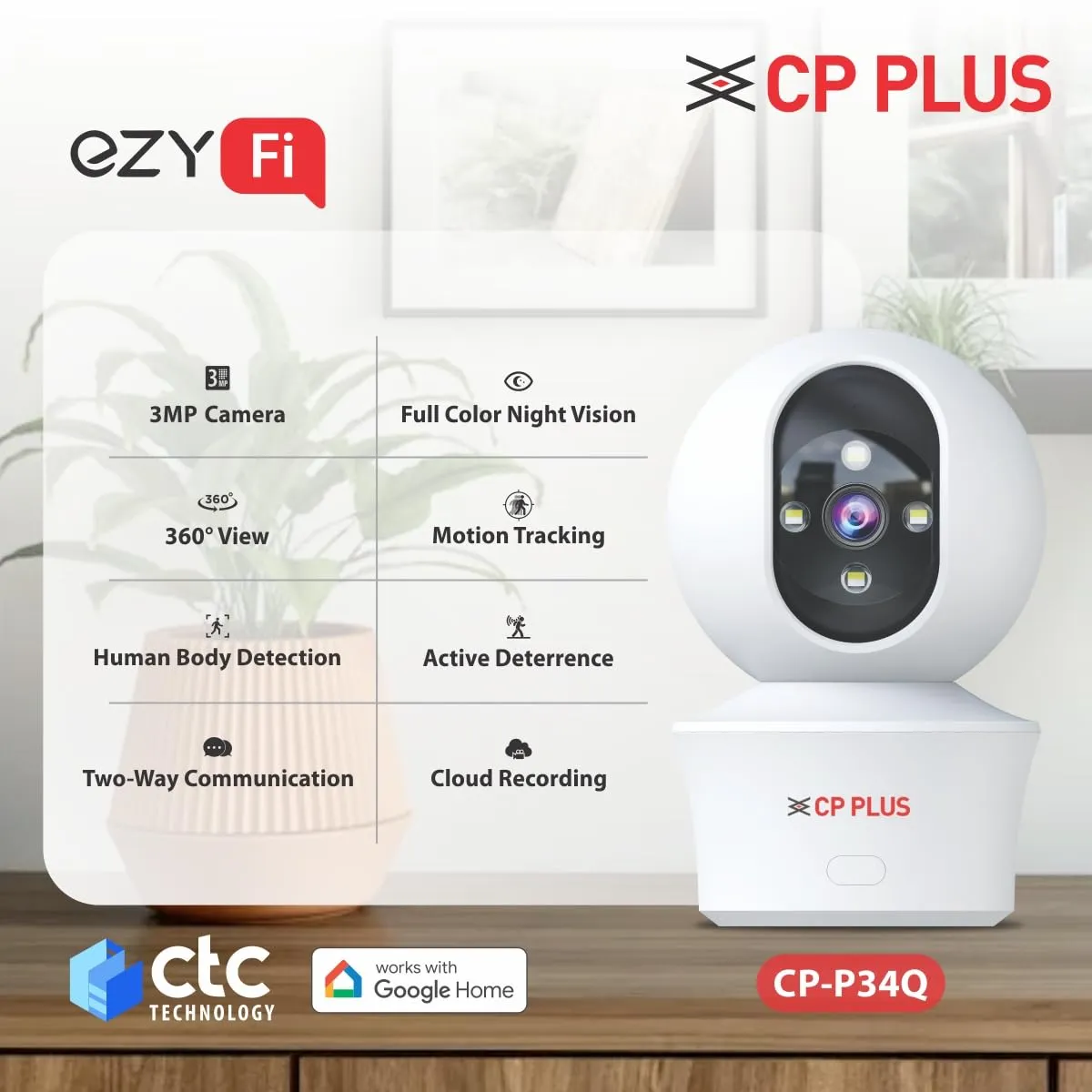 CP-Plus Wifi PT Camera 3MP Night Color with Two Way Talk (EZ-P34Q) view 2